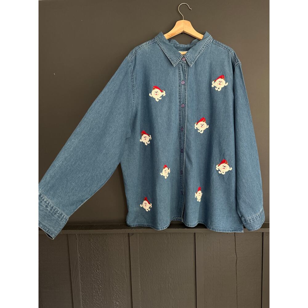 Vintage Christmas Denim Chambray Novelty Santa Embroidered Holiday Shirt Size 3X - Picture 2 of 8